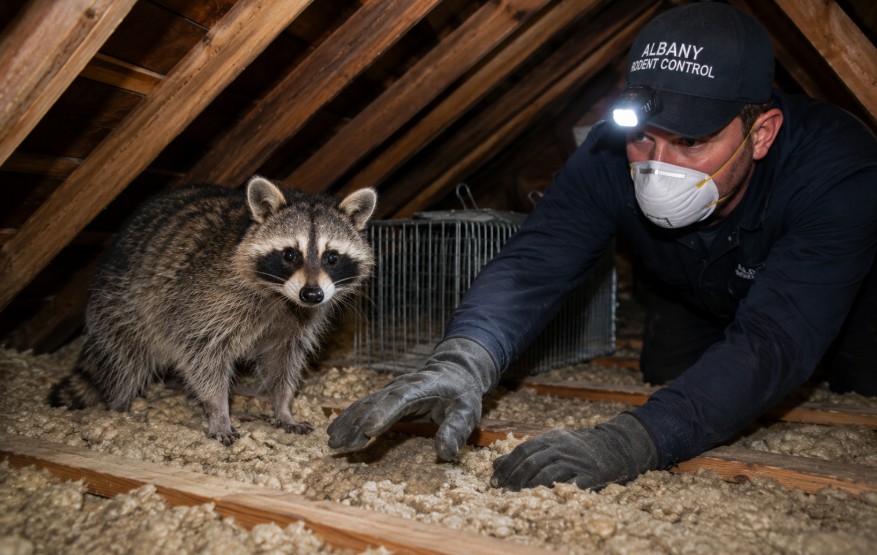 technician removing raccoon from attic in Albany ny