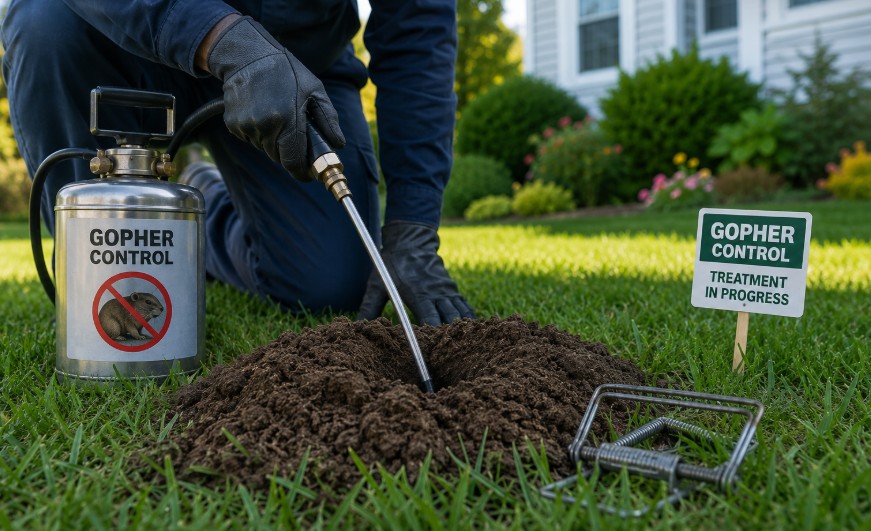 pest technician removing gopher from yard in Albany ny