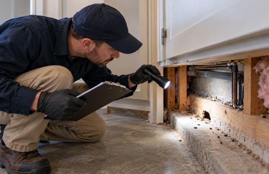 Pest control technician inspecting a potential rodent entry point inside an Albany
