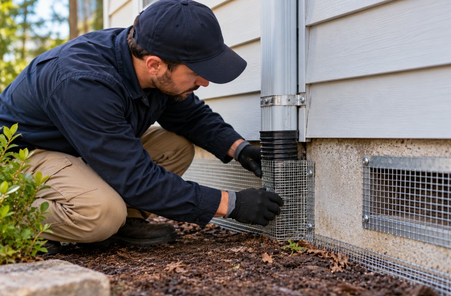Technician installing rodent-proof mesh on an Albany, NY home