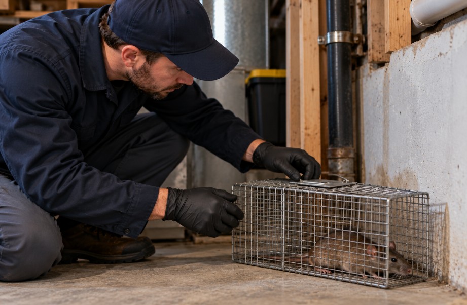 technician removing trapped rodent from albany home